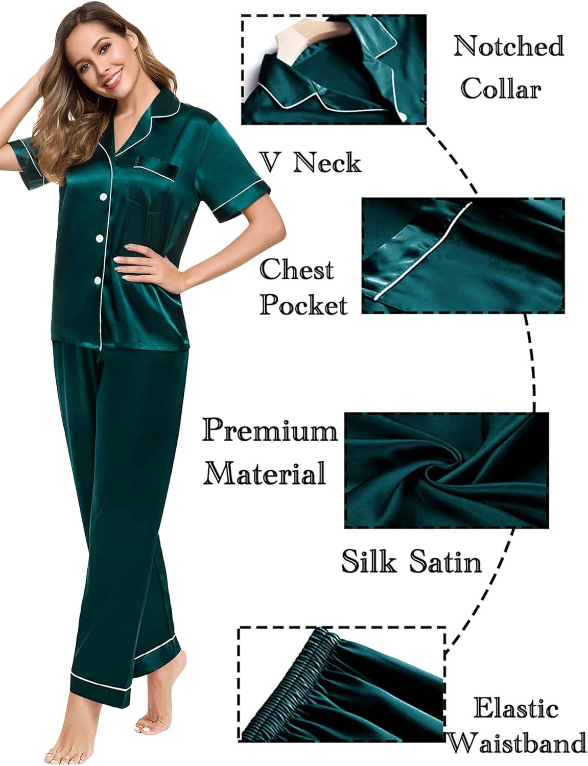 imageSWOMOG Couples Pajamas Sets Women amp Men Satin Short Sleeve Sleepwear Button Down Loungewear Pjs Set with Long PantsDeep Green