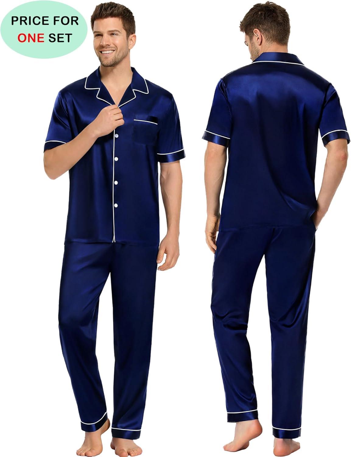 imageSWOMOG Couples Pajamas Sets Women amp Men Satin Short Sleeve Sleepwear Button Down Loungewear Pjs Set with Long PantsDeep Navy Blue