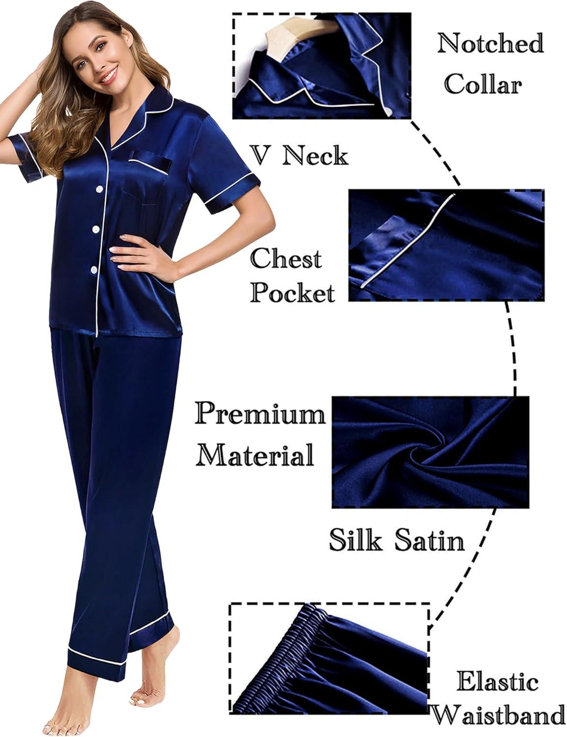 imageSWOMOG Couples Pajamas Sets Women amp Men Satin Short Sleeve Sleepwear Button Down Loungewear Pjs Set with Long PantsDeep Navy Blue