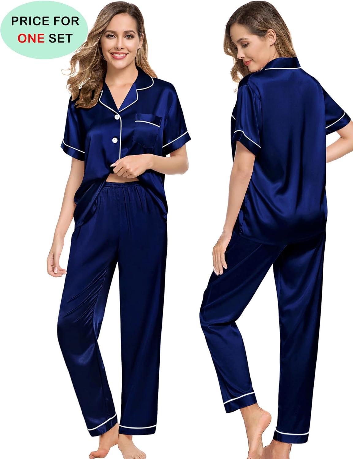 imageSWOMOG Couples Pajamas Sets Women amp Men Satin Short Sleeve Sleepwear Button Down Loungewear Pjs Set with Long PantsDeep Navy Blue