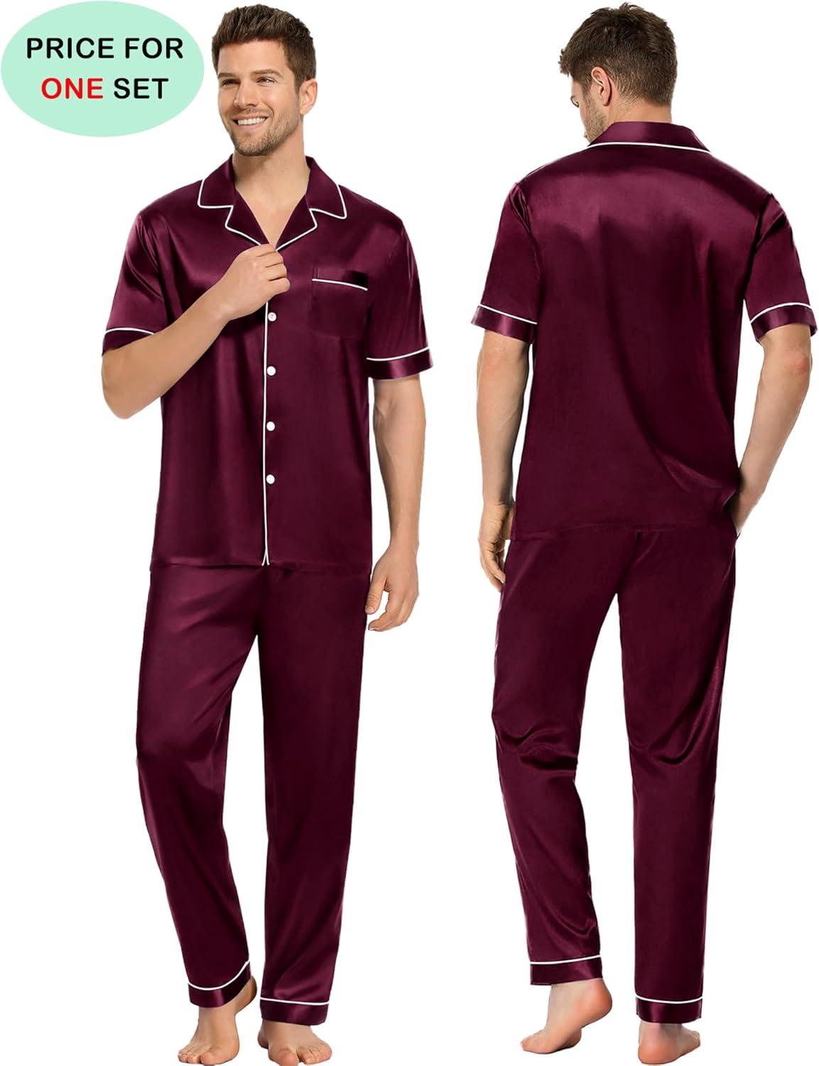 imageSWOMOG Couples Pajamas Sets Women amp Men Satin Short Sleeve Sleepwear Button Down Loungewear Pjs Set with Long PantsDeep Wine Red