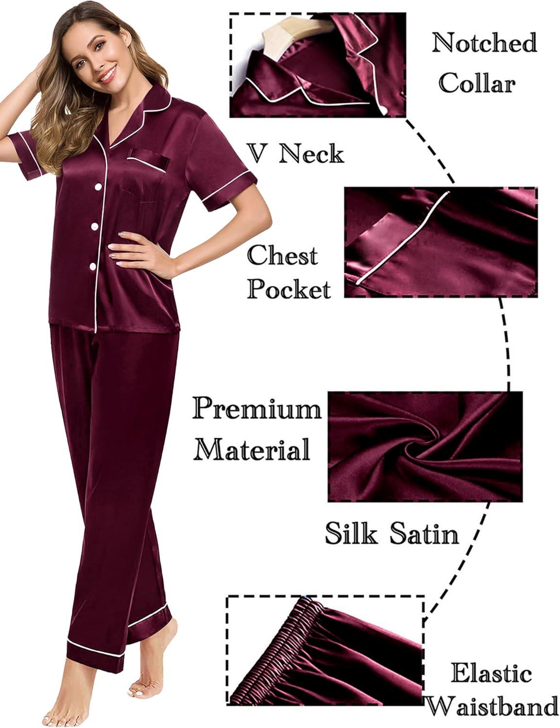 imageSWOMOG Couples Pajamas Sets Women amp Men Satin Short Sleeve Sleepwear Button Down Loungewear Pjs Set with Long PantsDeep Wine Red
