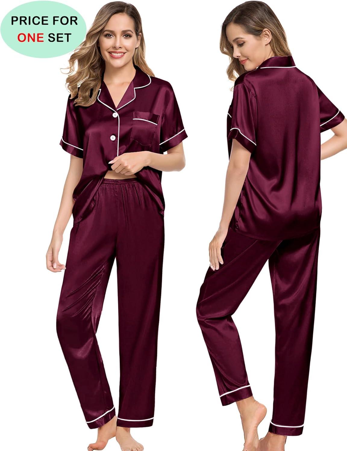 imageSWOMOG Couples Pajamas Sets Women amp Men Satin Short Sleeve Sleepwear Button Down Loungewear Pjs Set with Long PantsDeep Wine Red