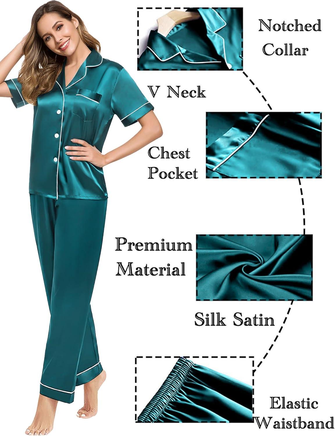 imageSWOMOG Couples Pajamas Sets Women amp Men Satin Short Sleeve Sleepwear Button Down Loungewear Pjs Set with Long PantsGreen