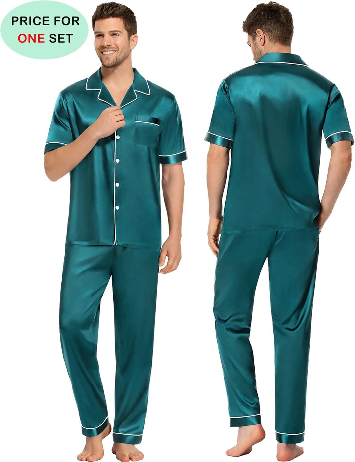 imageSWOMOG Couples Pajamas Sets Women amp Men Satin Short Sleeve Sleepwear Button Down Loungewear Pjs Set with Long PantsGreen