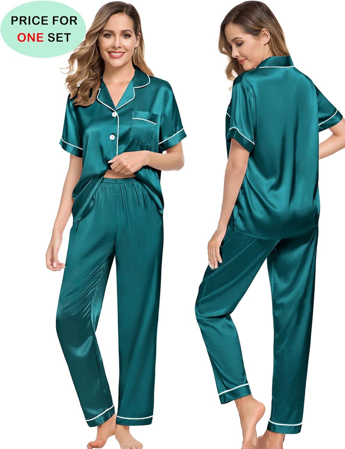 imageSWOMOG Couples Pajamas Sets Women amp Men Satin Short Sleeve Sleepwear Button Down Loungewear Pjs Set with Long PantsGreen