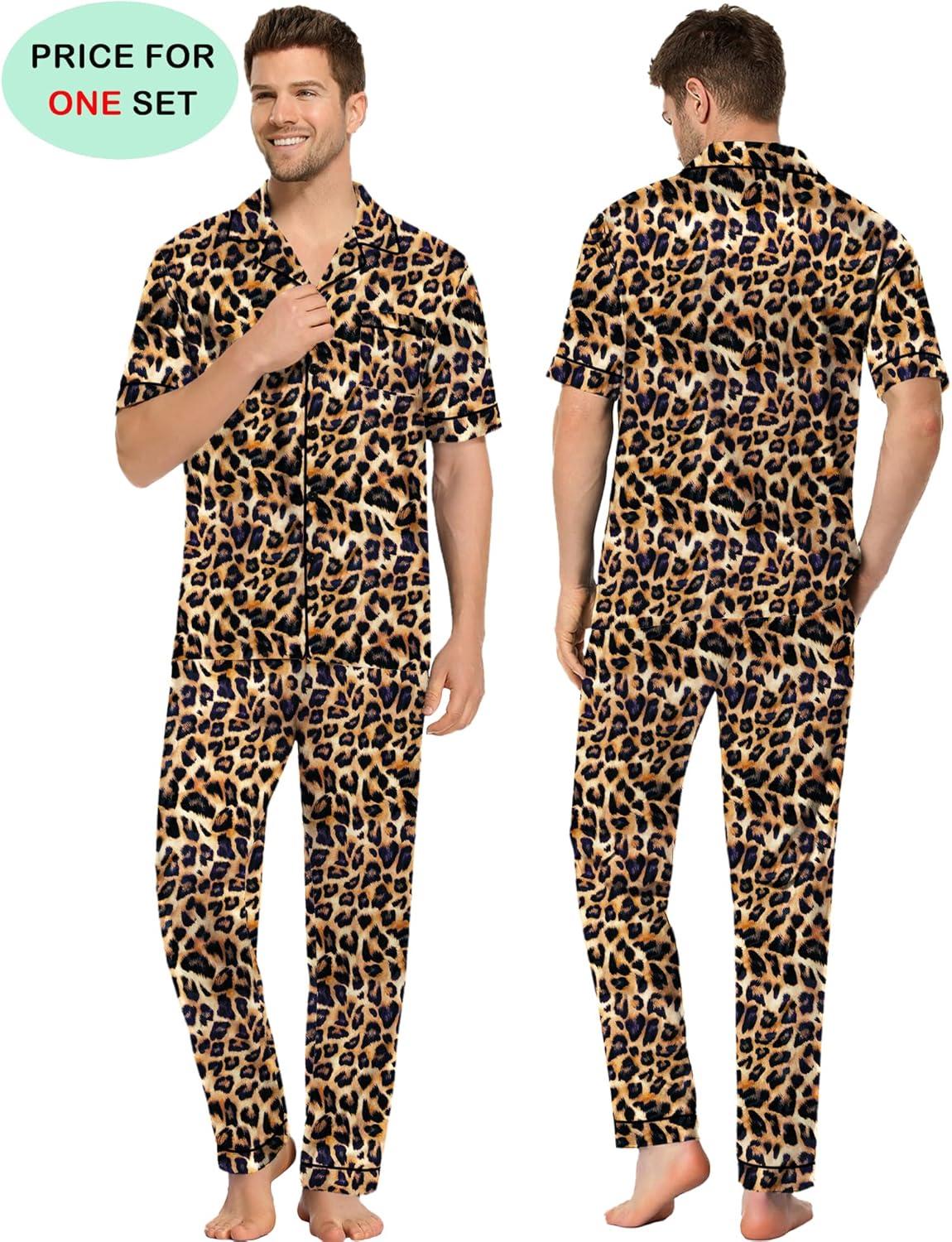 imageSWOMOG Couples Pajamas Sets Women amp Men Satin Short Sleeve Sleepwear Button Down Loungewear Pjs Set with Long PantsLeopard Print