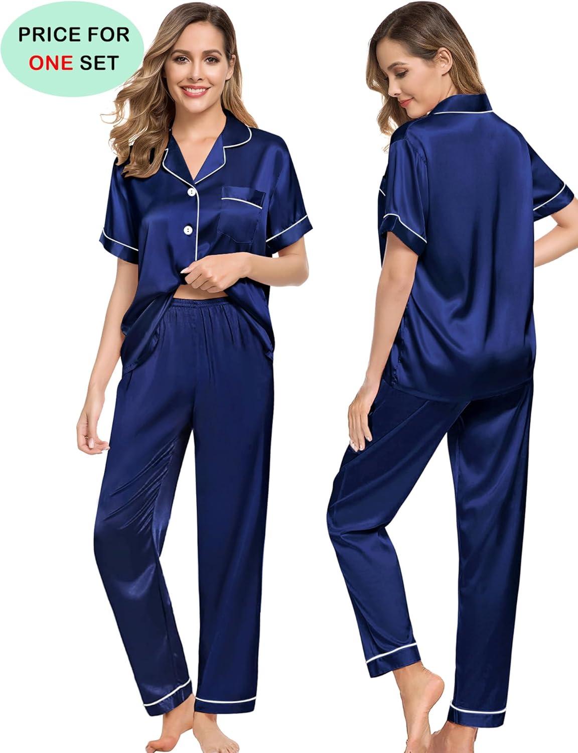 imageSWOMOG Couples Pajamas Sets Women amp Men Satin Short Sleeve Sleepwear Button Down Loungewear Pjs Set with Long PantsNavy Blue