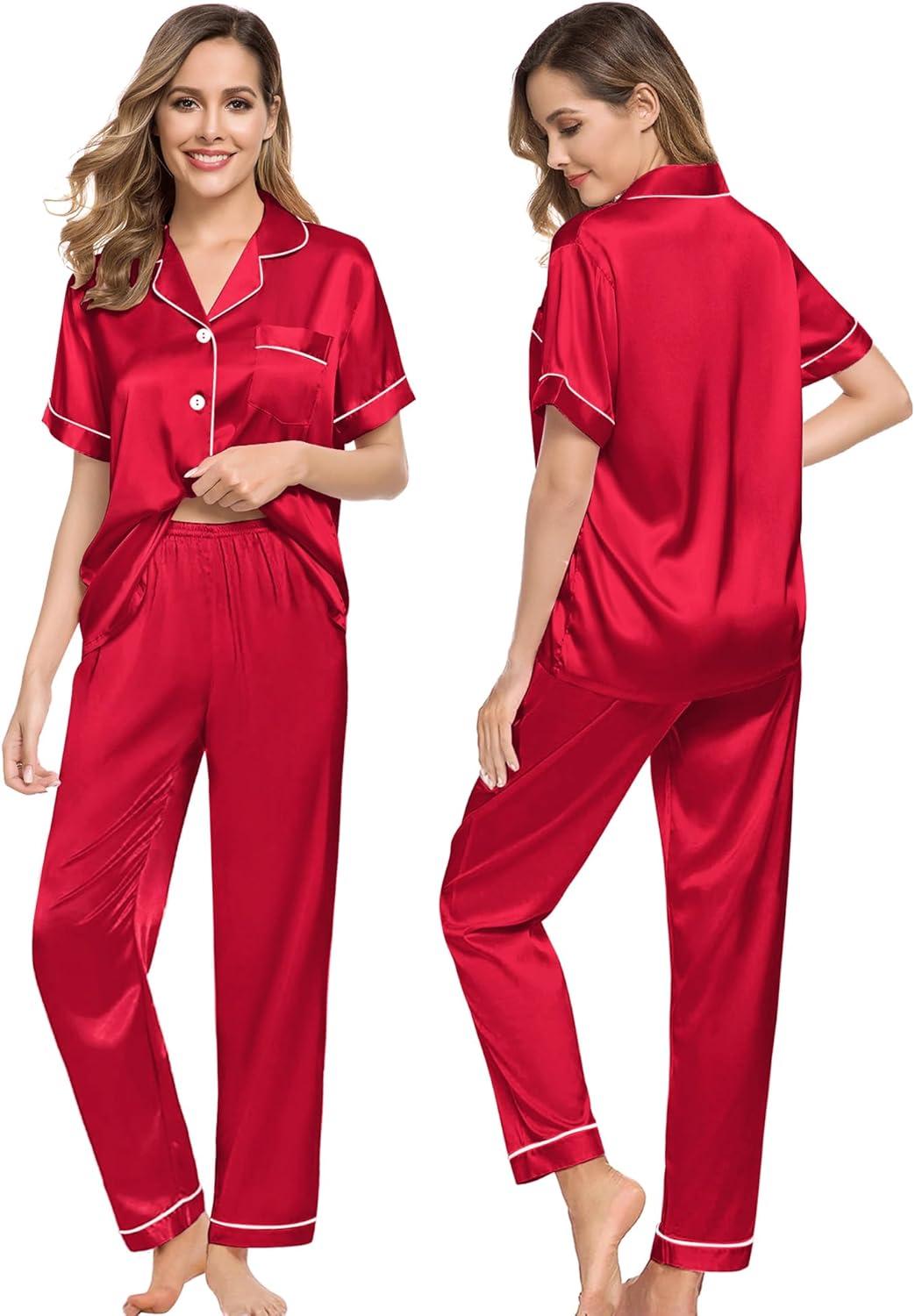 imageSWOMOG Couples Pajamas Sets Women amp Men Satin Short Sleeve Sleepwear Button Down Loungewear Pjs Set with Long PantsRed