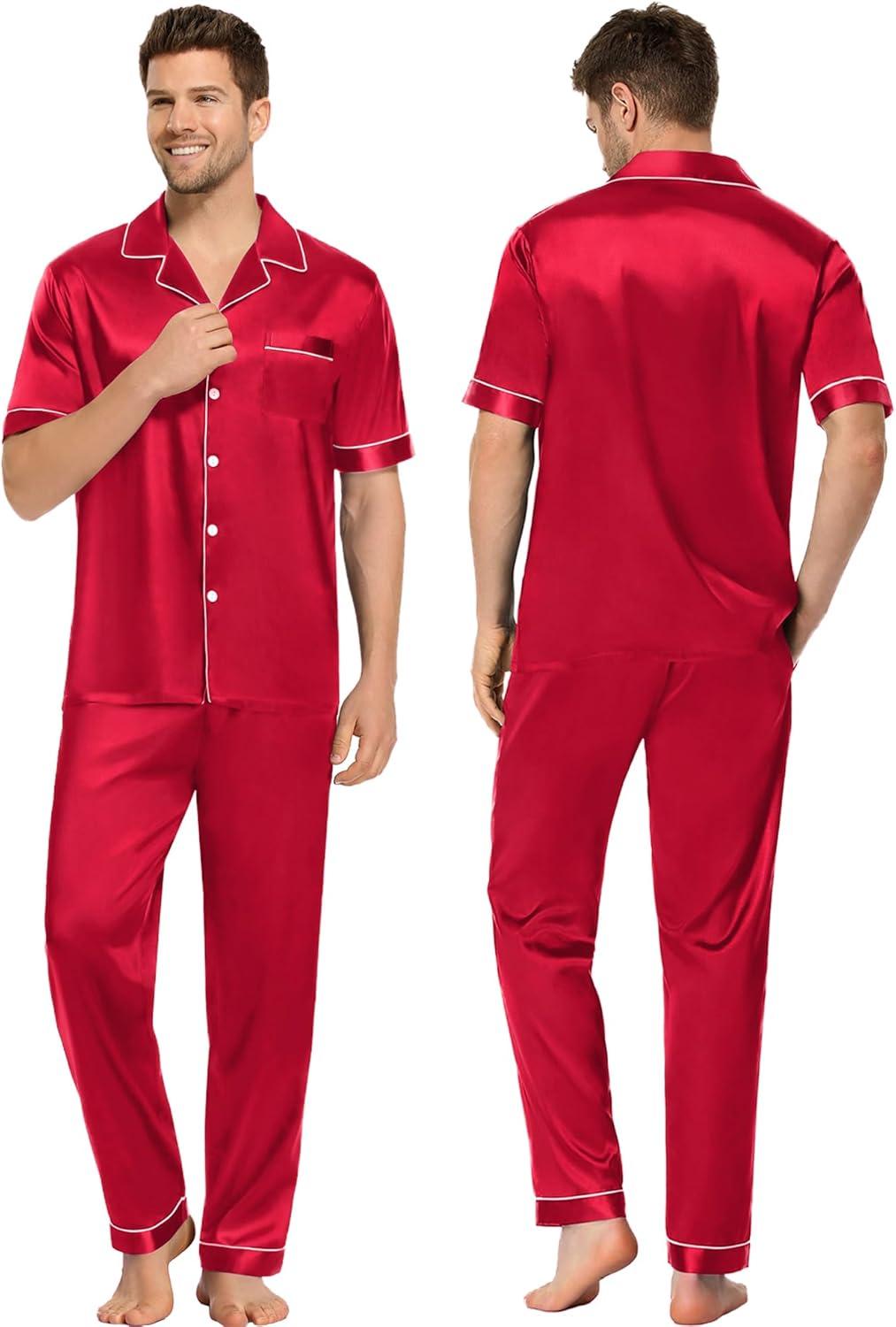 imageSWOMOG Couples Pajamas Sets Women amp Men Satin Short Sleeve Sleepwear Button Down Loungewear Pjs Set with Long PantsRed