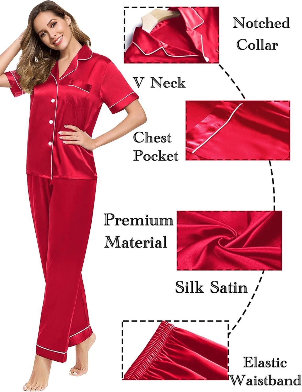 imageSWOMOG Couples Pajamas Sets Women amp Men Satin Short Sleeve Sleepwear Button Down Loungewear Pjs Set with Long PantsRed