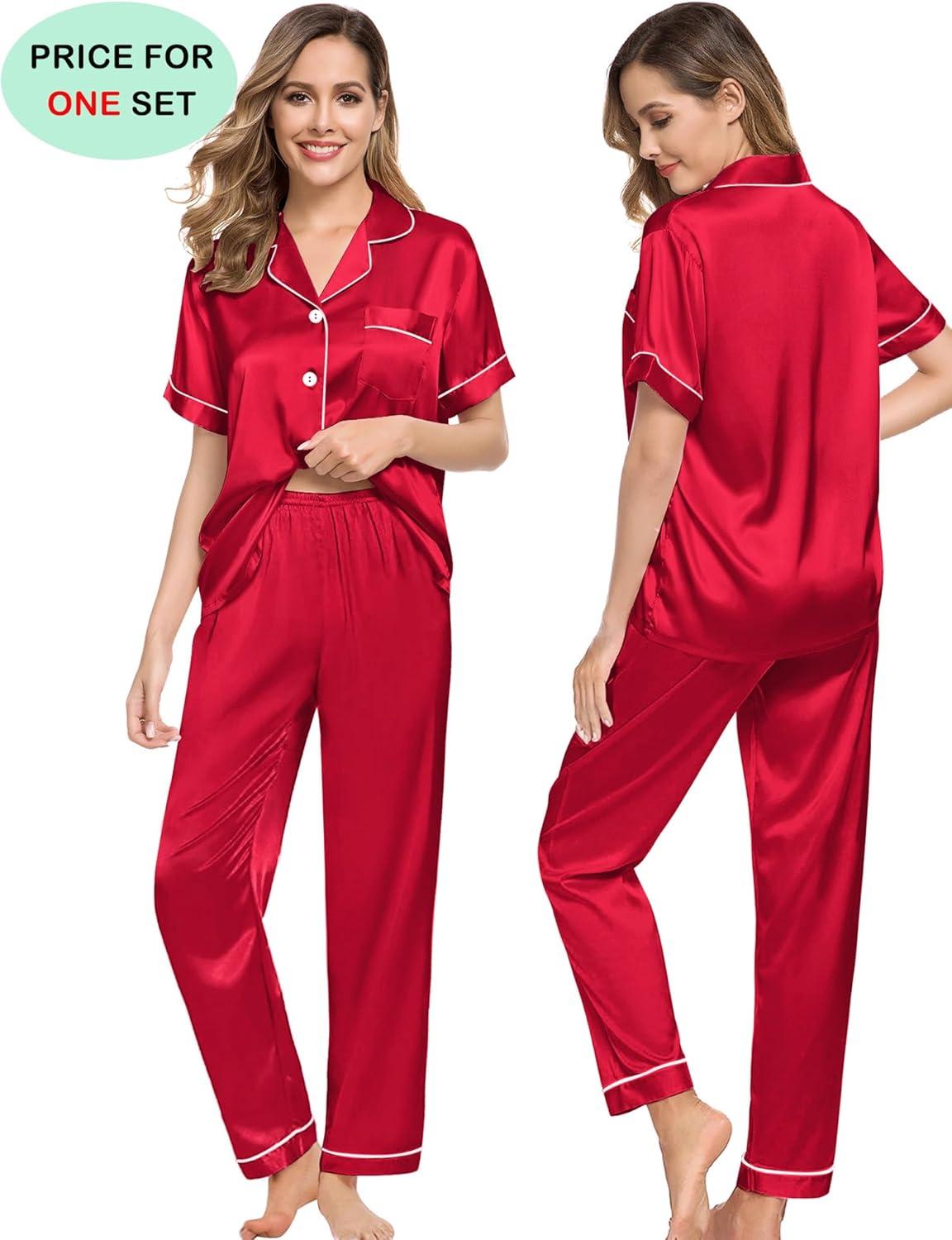 imageSWOMOG Couples Pajamas Sets Women amp Men Satin Short Sleeve Sleepwear Button Down Loungewear Pjs Set with Long PantsRed