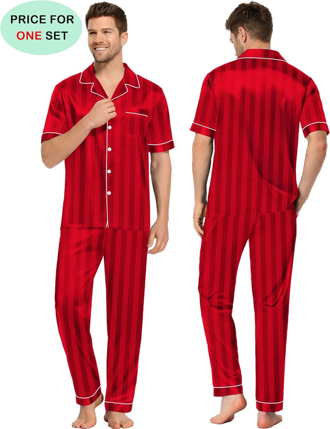 imageSWOMOG Couples Pajamas Sets Women amp Men Satin Short Sleeve Sleepwear Button Down Loungewear Pjs Set with Long PantsRed Stripes