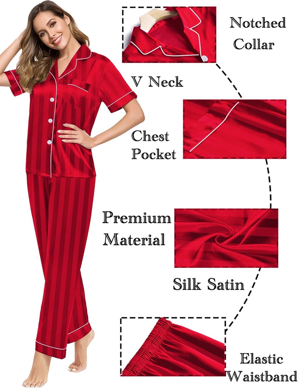 imageSWOMOG Couples Pajamas Sets Women amp Men Satin Short Sleeve Sleepwear Button Down Loungewear Pjs Set with Long PantsRed Stripes