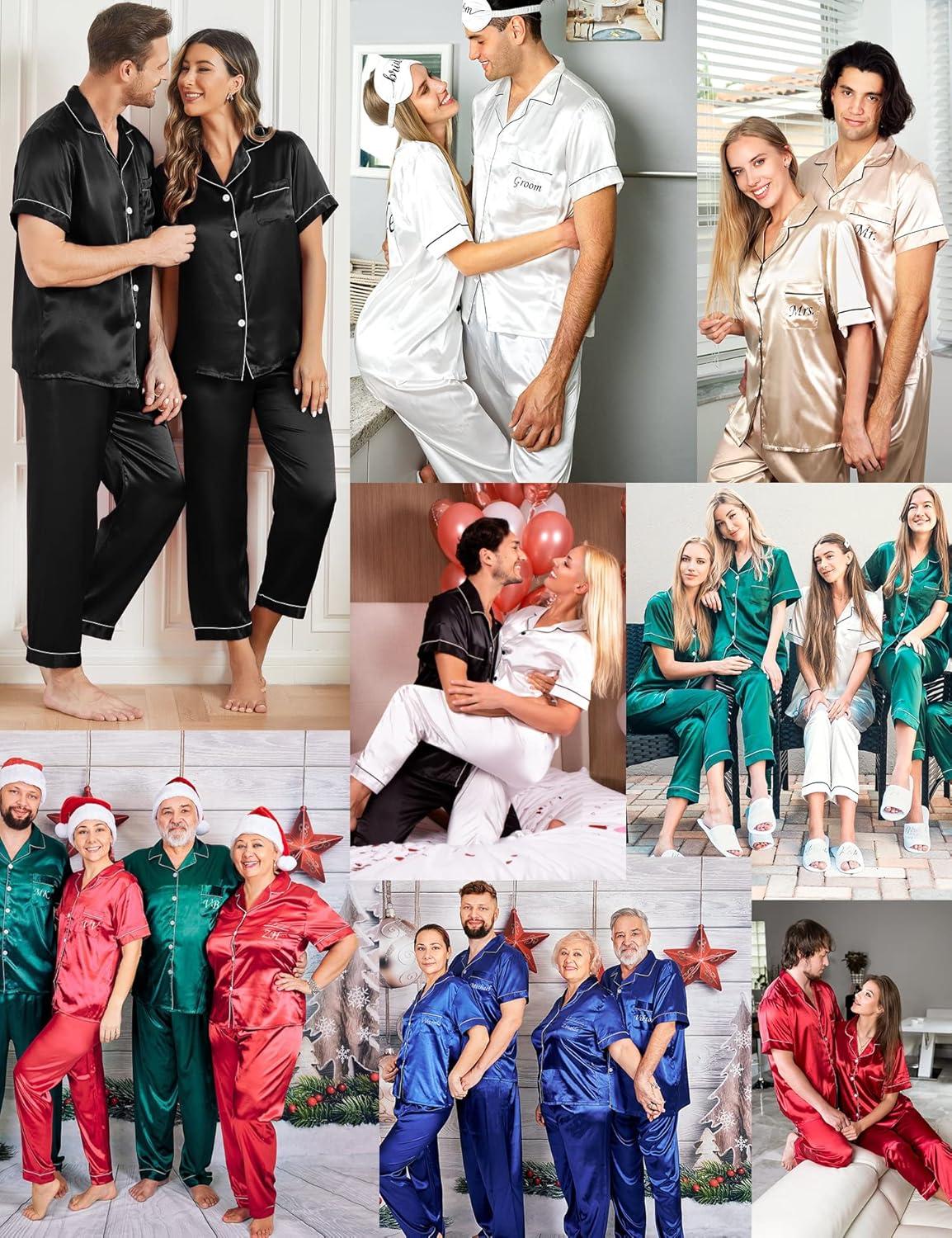 imageSWOMOG Couples Pajamas Sets Women amp Men Satin Short Sleeve Sleepwear Button Down Loungewear Pjs Set with Long PantsRed Stripes