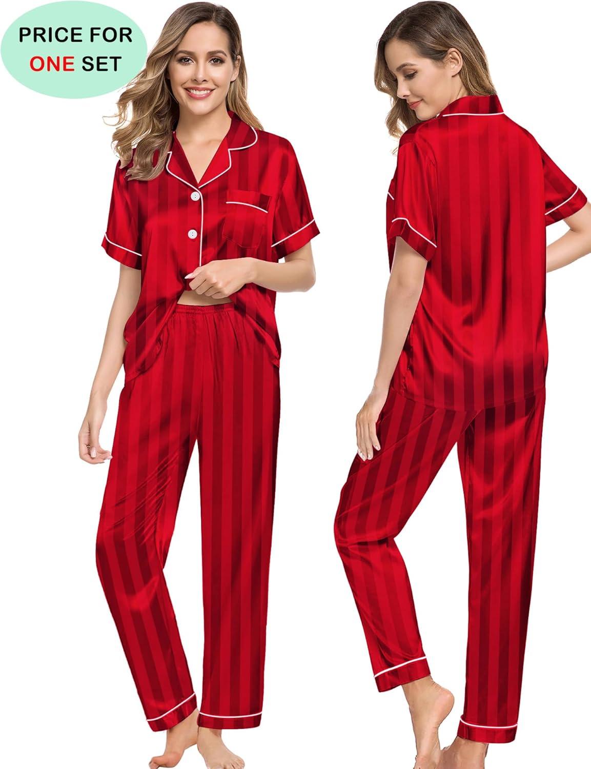 imageSWOMOG Couples Pajamas Sets Women amp Men Satin Short Sleeve Sleepwear Button Down Loungewear Pjs Set with Long PantsRed Stripes