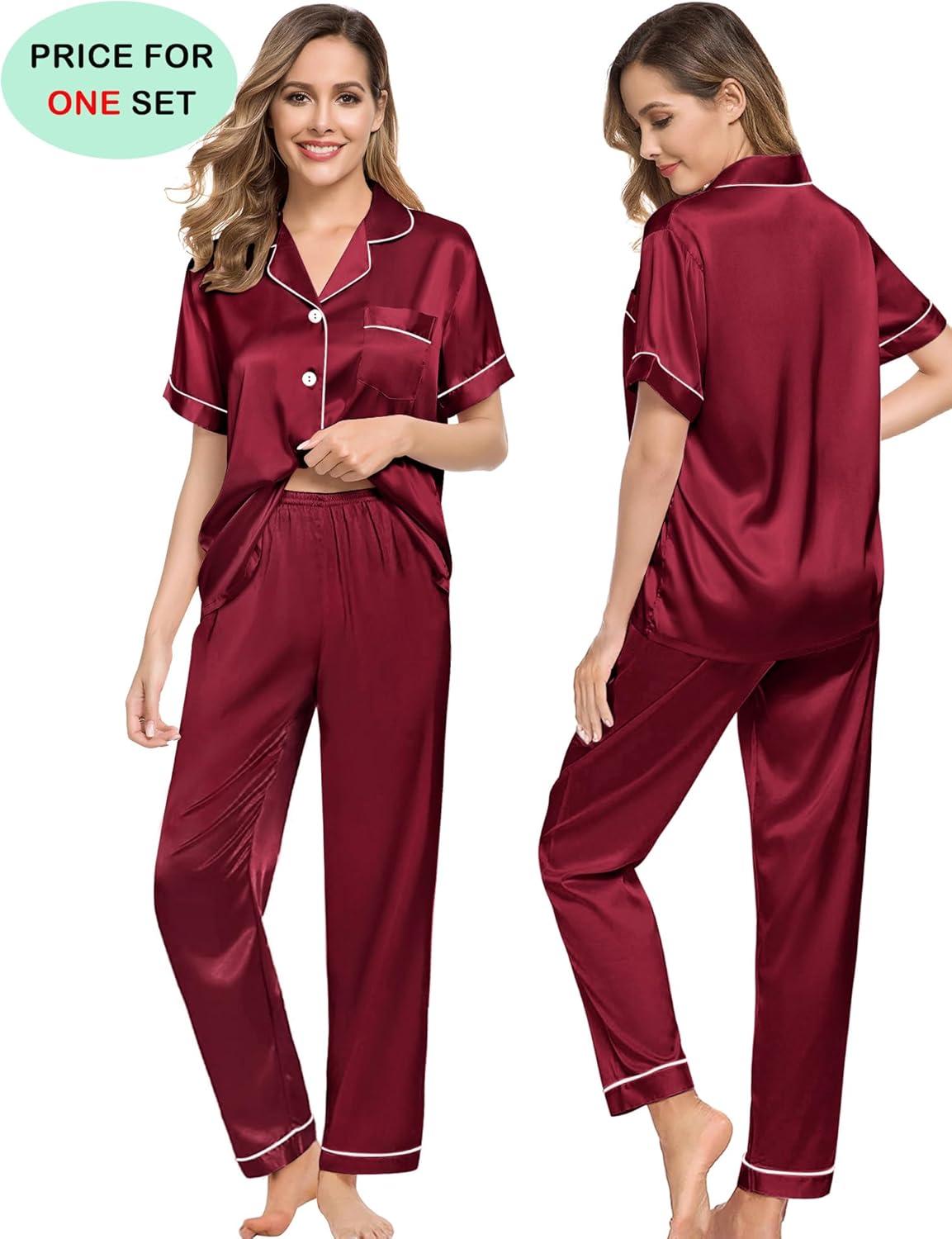 imageSWOMOG Couples Pajamas Sets Women amp Men Satin Short Sleeve Sleepwear Button Down Loungewear Pjs Set with Long PantsWine Red