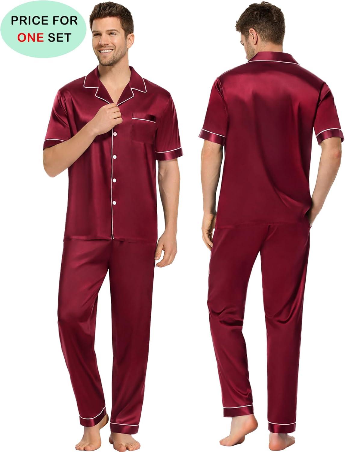 imageSWOMOG Couples Pajamas Sets Women amp Men Satin Short Sleeve Sleepwear Button Down Loungewear Pjs Set with Long PantsWine Red