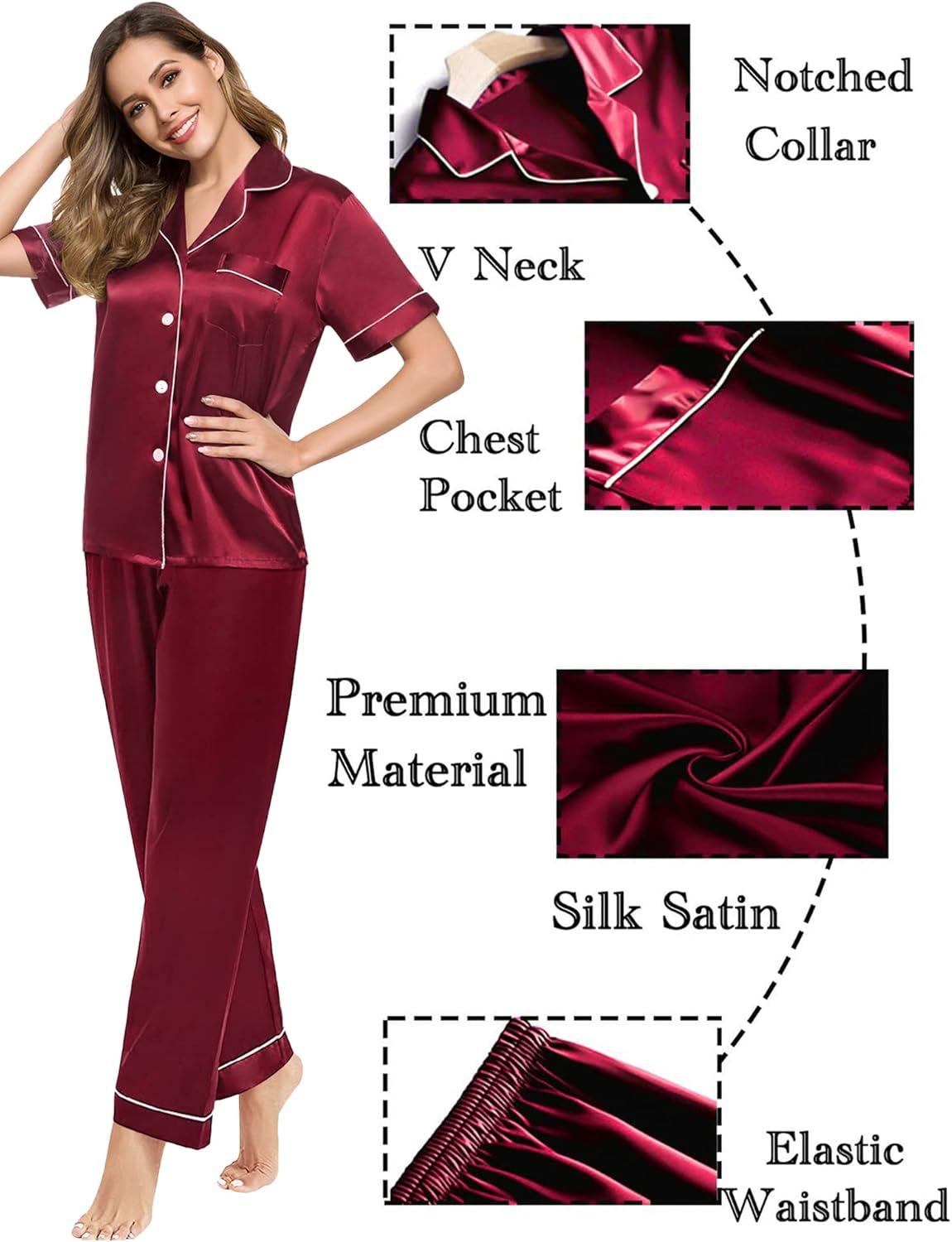 imageSWOMOG Couples Pajamas Sets Women amp Men Satin Short Sleeve Sleepwear Button Down Loungewear Pjs Set with Long PantsWine Red