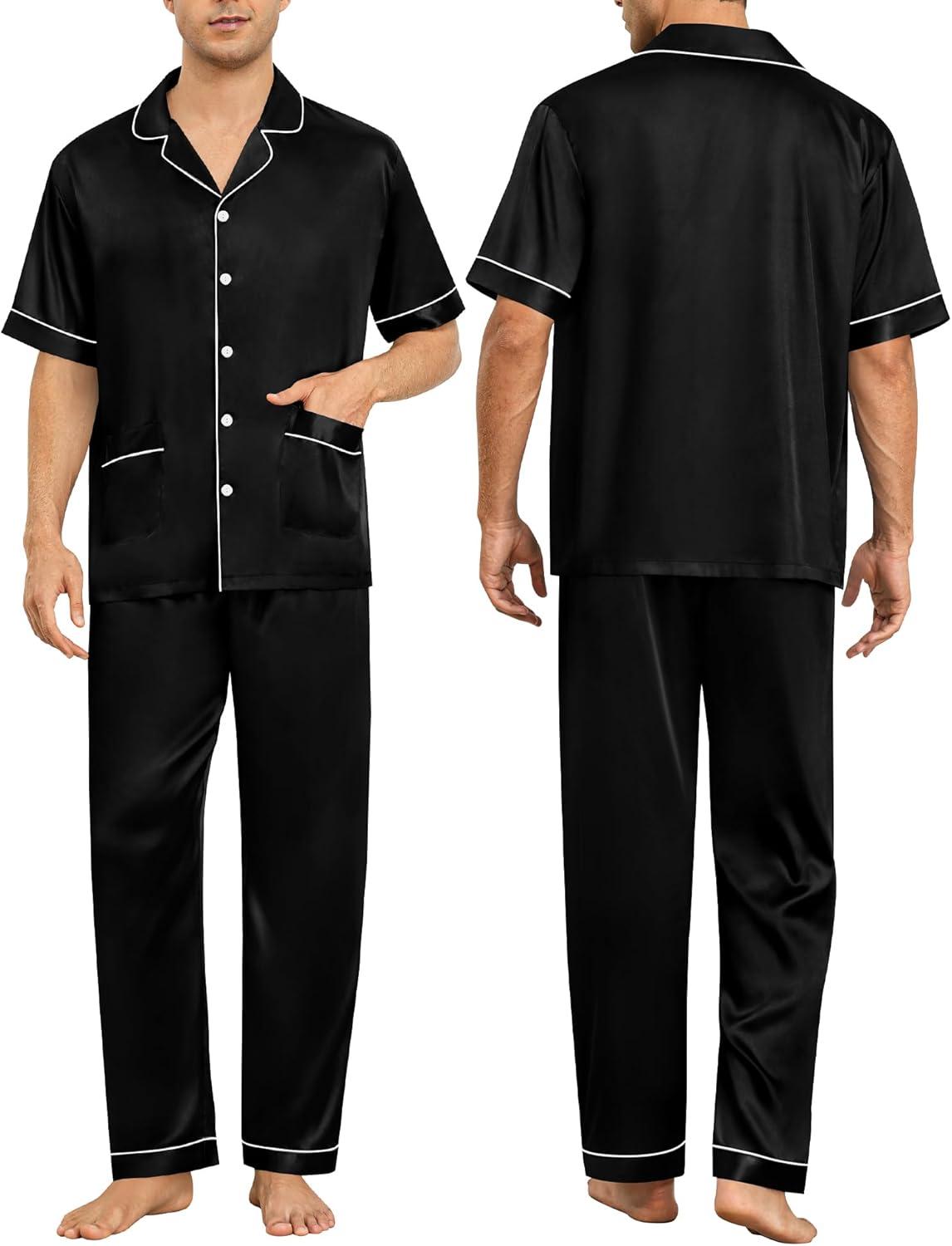 imageSWOMOG Couples Pajamas Sets Women amp Men Satin Short Sleeve Sleepwear Button Down Loungewear Pjs Set with Long PantsZ Black 2 Pockets