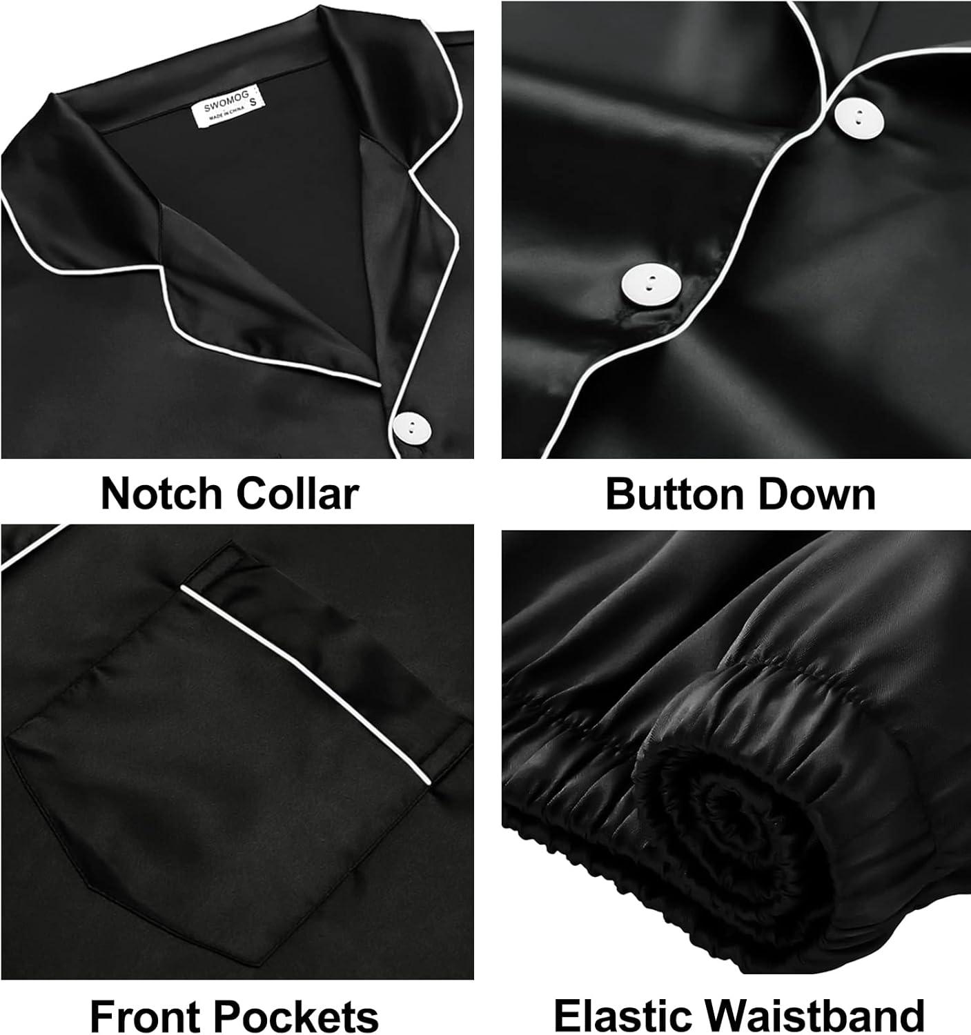 imageSWOMOG Couples Pajamas Sets Women amp Men Satin Short Sleeve Sleepwear Button Down Loungewear Pjs Set with Long PantsZ Black 2 Pockets