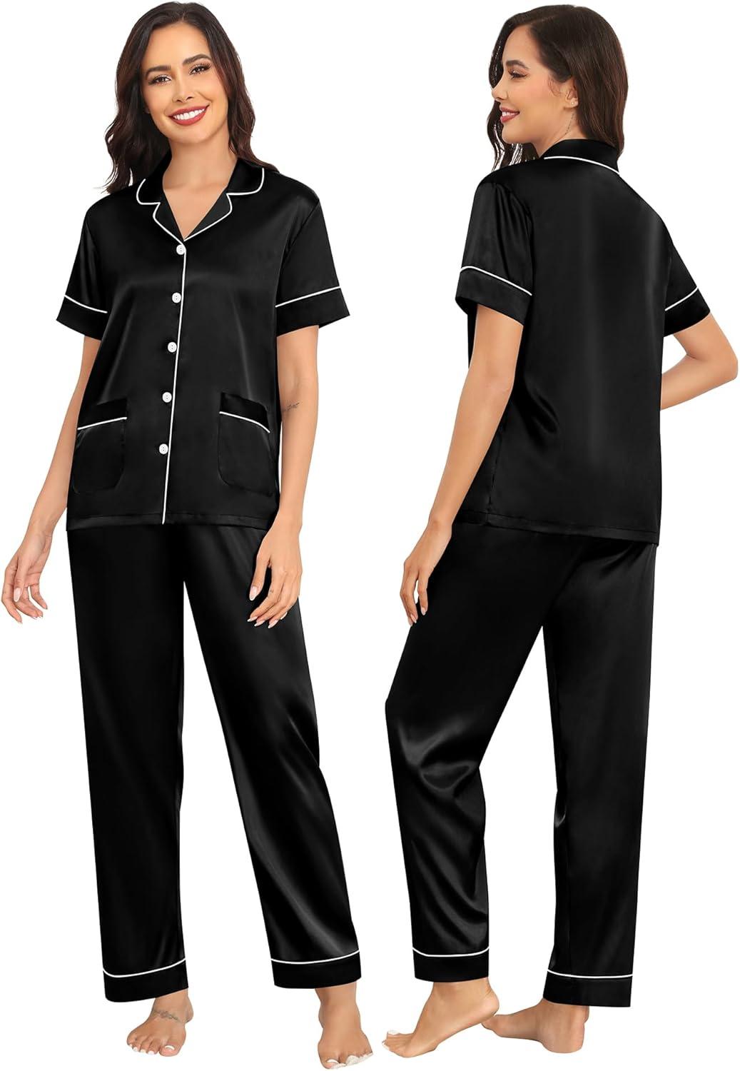 imageSWOMOG Couples Pajamas Sets Women amp Men Satin Short Sleeve Sleepwear Button Down Loungewear Pjs Set with Long PantsZ Black 2 Pockets