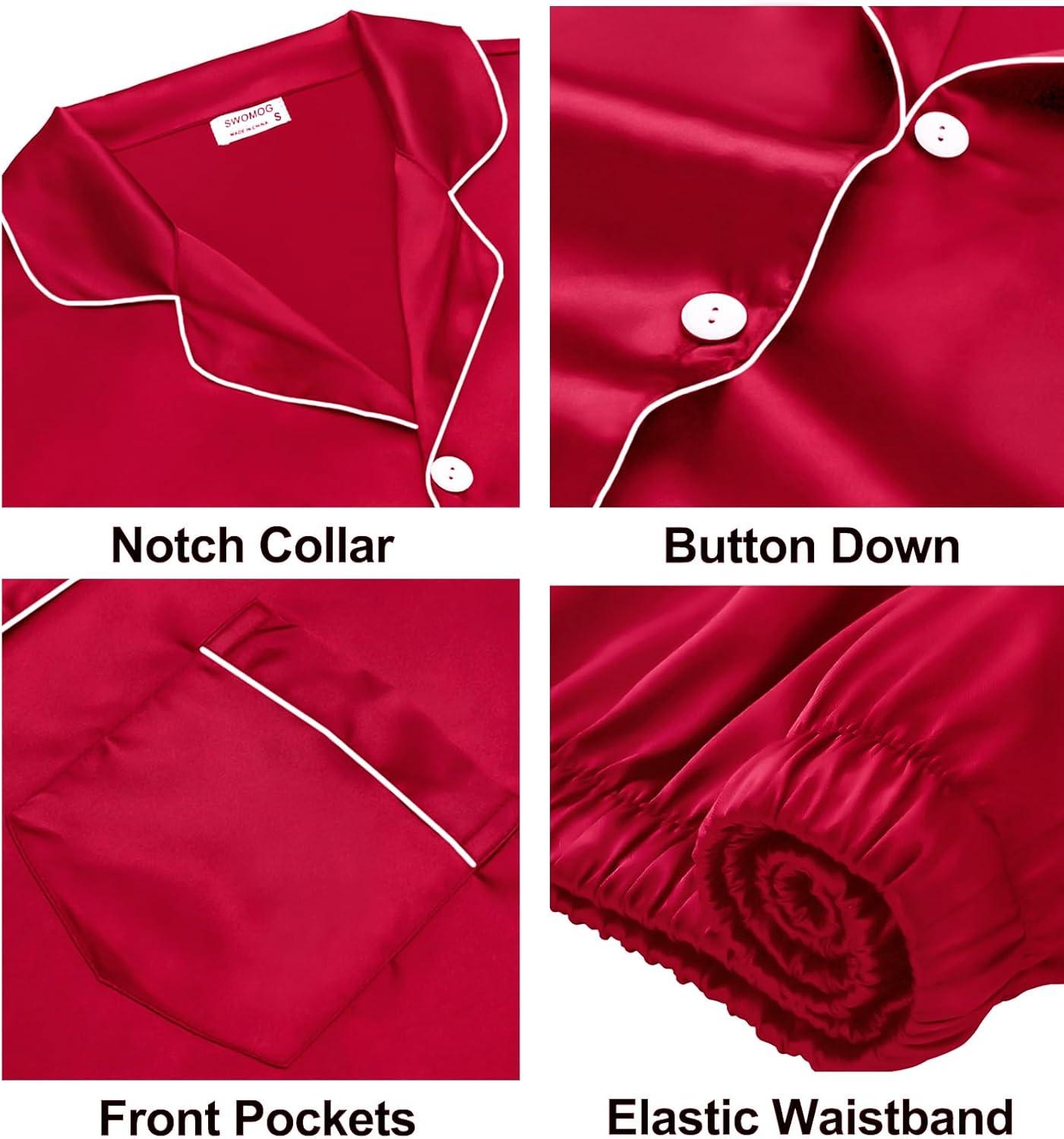 imageSWOMOG Couples Pajamas Sets Women amp Men Satin Short Sleeve Sleepwear Button Down Loungewear Pjs Set with Long PantsZ Red 2 Pockets