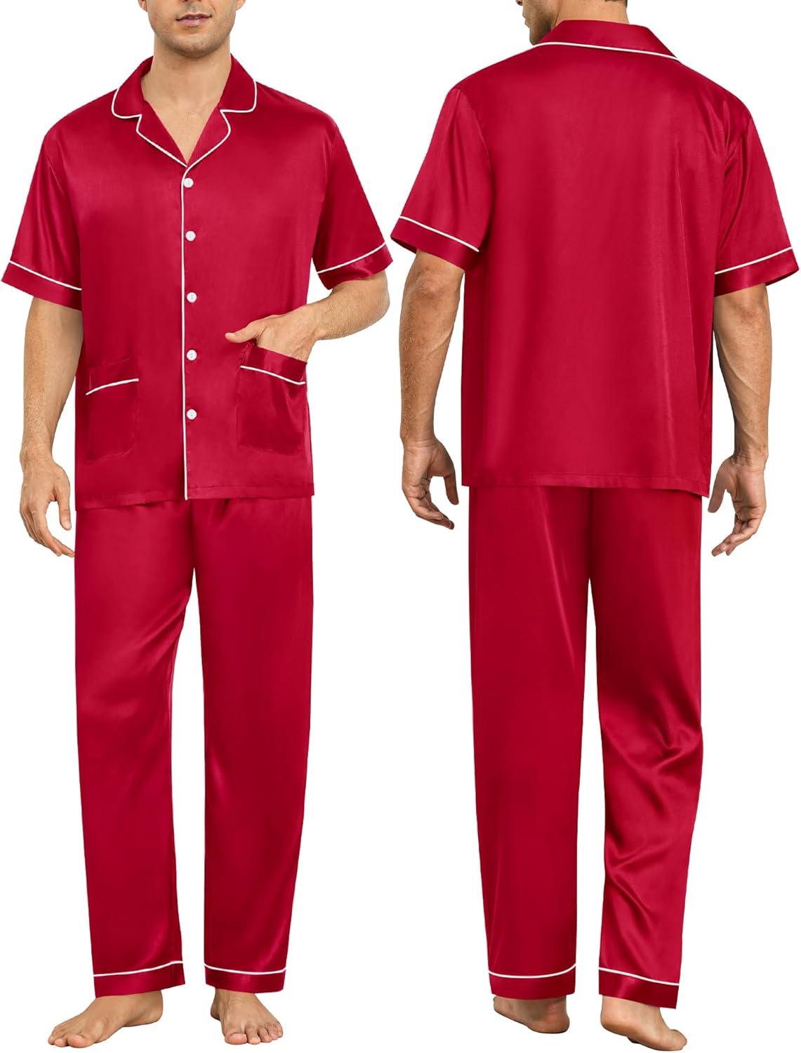 imageSWOMOG Couples Pajamas Sets Women amp Men Satin Short Sleeve Sleepwear Button Down Loungewear Pjs Set with Long PantsZ Red 2 Pockets