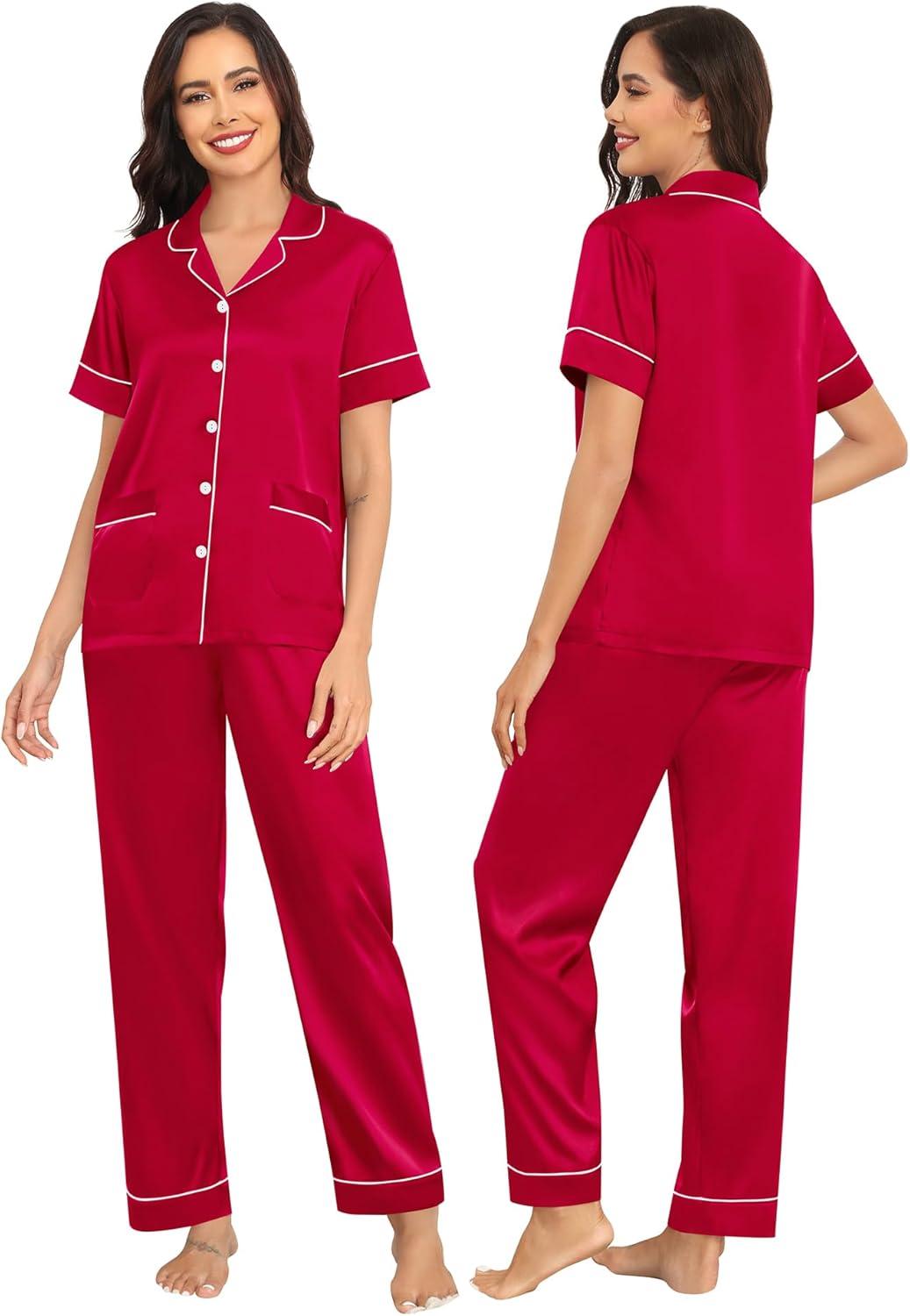 imageSWOMOG Couples Pajamas Sets Women amp Men Satin Short Sleeve Sleepwear Button Down Loungewear Pjs Set with Long PantsZ Red 2 Pockets