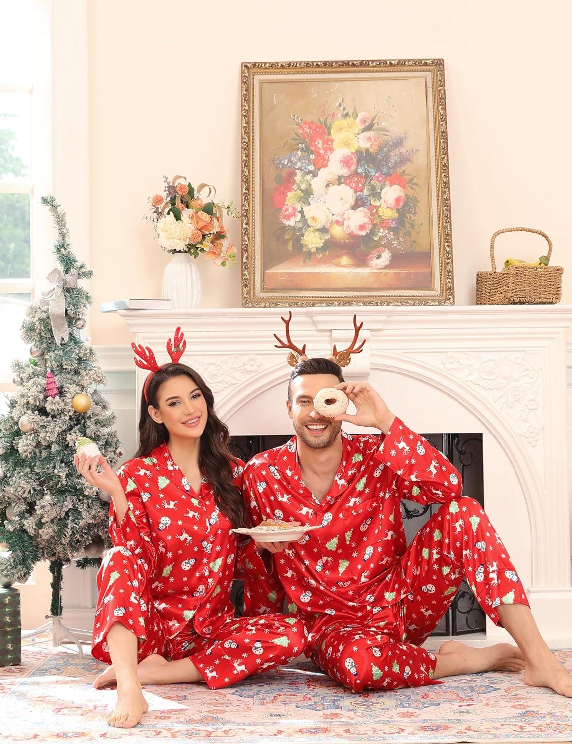 imageSWOMOG Couples Satin Pajama Set Women amp Men Long Sleeve Sleepwear Button Down Loungewear Silky Pj Set with Long PantsChristmas Red
