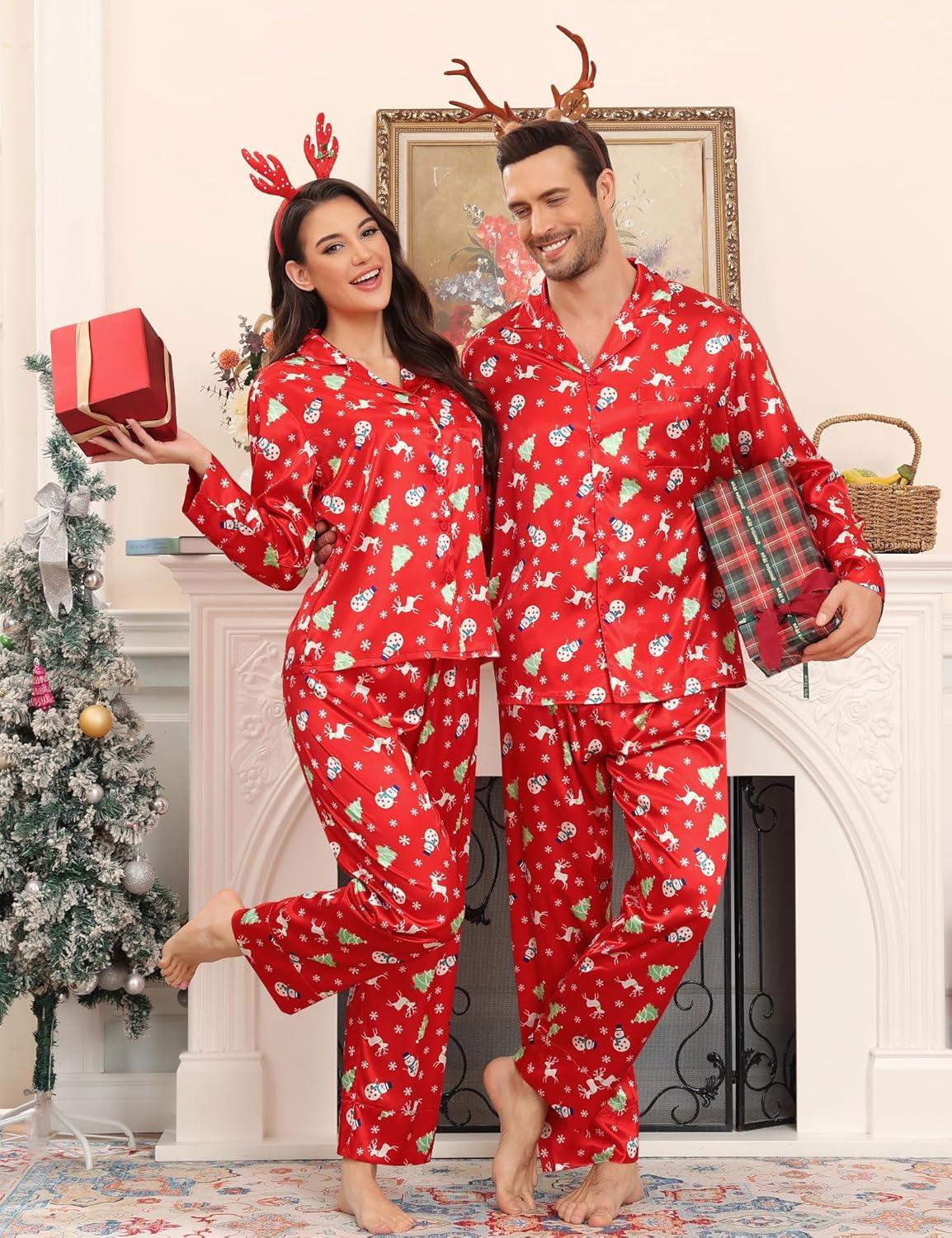 imageSWOMOG Couples Satin Pajama Set Women amp Men Long Sleeve Sleepwear Button Down Loungewear Silky Pj Set with Long PantsChristmas Red