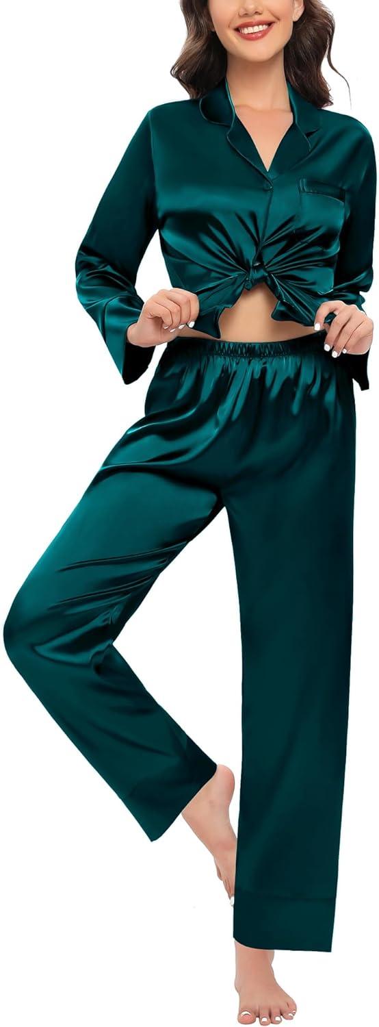 imageSWOMOG Couples Satin Pajama Set Women amp Men Long Sleeve Sleepwear Button Down Loungewear Silky Pj Set with Long PantsDeep Green