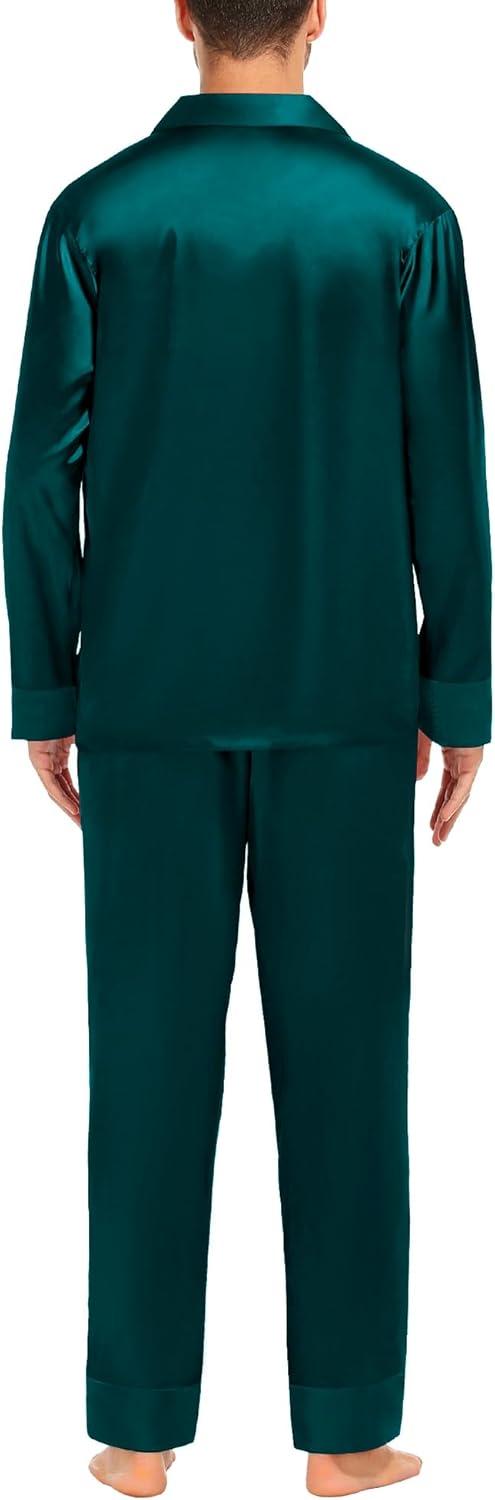imageSWOMOG Couples Satin Pajama Set Women amp Men Long Sleeve Sleepwear Button Down Loungewear Silky Pj Set with Long PantsDeep Green