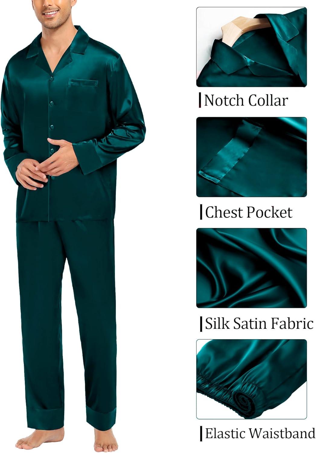 imageSWOMOG Couples Satin Pajama Set Women amp Men Long Sleeve Sleepwear Button Down Loungewear Silky Pj Set with Long PantsDeep Green