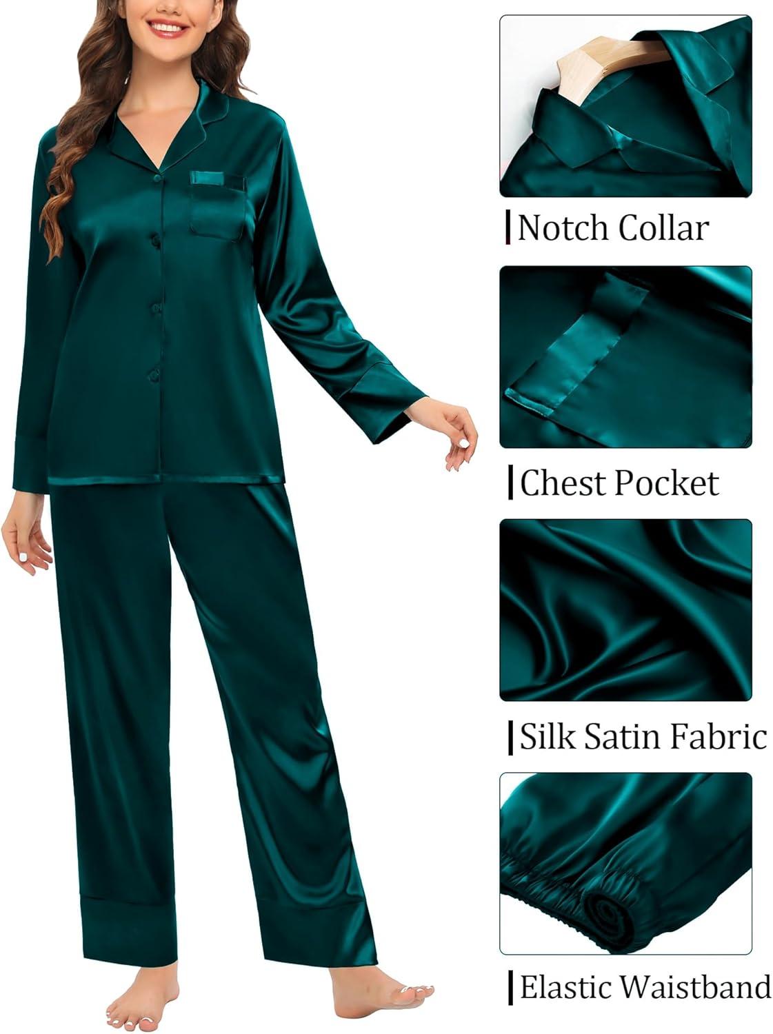 imageSWOMOG Couples Satin Pajama Set Women amp Men Long Sleeve Sleepwear Button Down Loungewear Silky Pj Set with Long PantsDeep Green