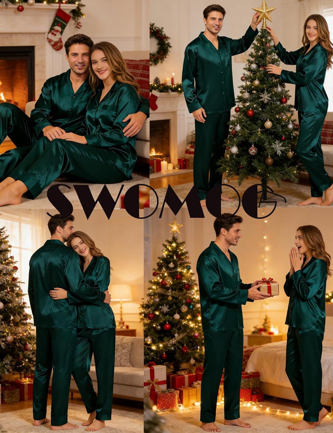 imageSWOMOG Couples Satin Pajama Set Women amp Men Long Sleeve Sleepwear Button Down Loungewear Silky Pj Set with Long PantsDeep Green