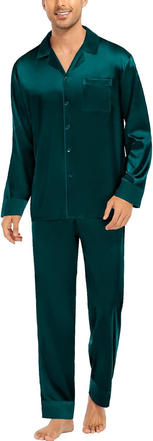 imageSWOMOG Couples Satin Pajama Set Women amp Men Long Sleeve Sleepwear Button Down Loungewear Silky Pj Set with Long PantsDeep Green