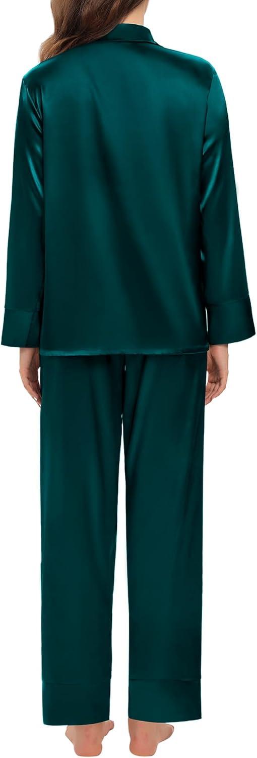 imageSWOMOG Couples Satin Pajama Set Women amp Men Long Sleeve Sleepwear Button Down Loungewear Silky Pj Set with Long PantsDeep Green