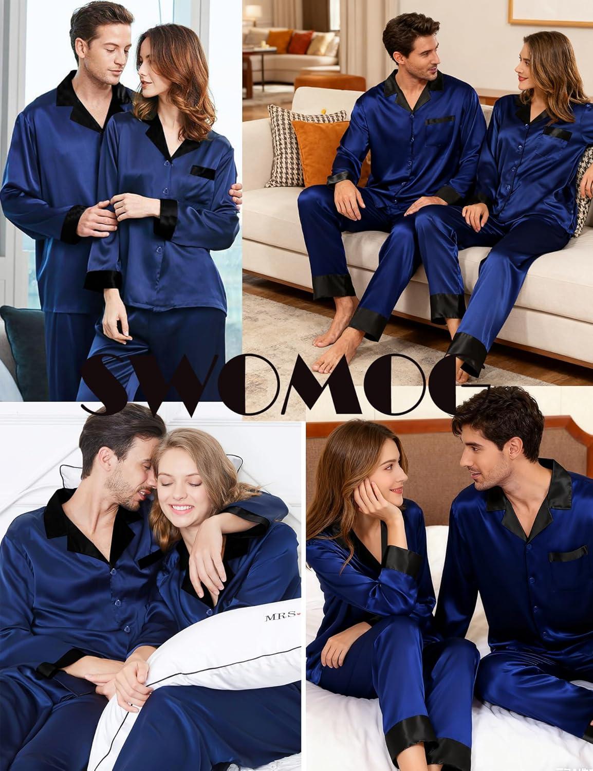 imageSWOMOG Couples Satin Pajama Set Women amp Men Long Sleeve Sleepwear Button Down Loungewear Silky Pj Set with Long PantsNavy Blue