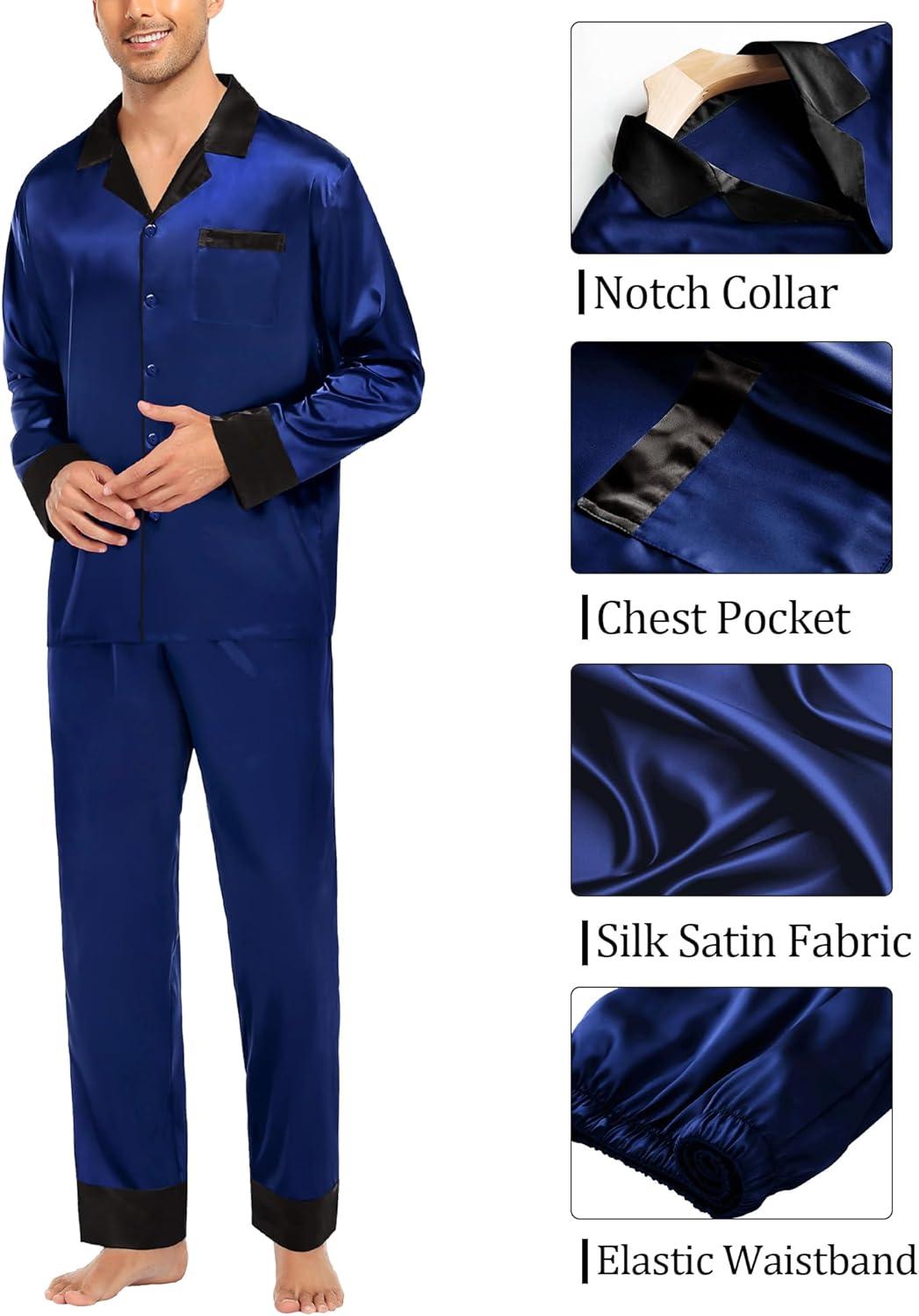 imageSWOMOG Couples Satin Pajama Set Women amp Men Long Sleeve Sleepwear Button Down Loungewear Silky Pj Set with Long PantsNavy Blue