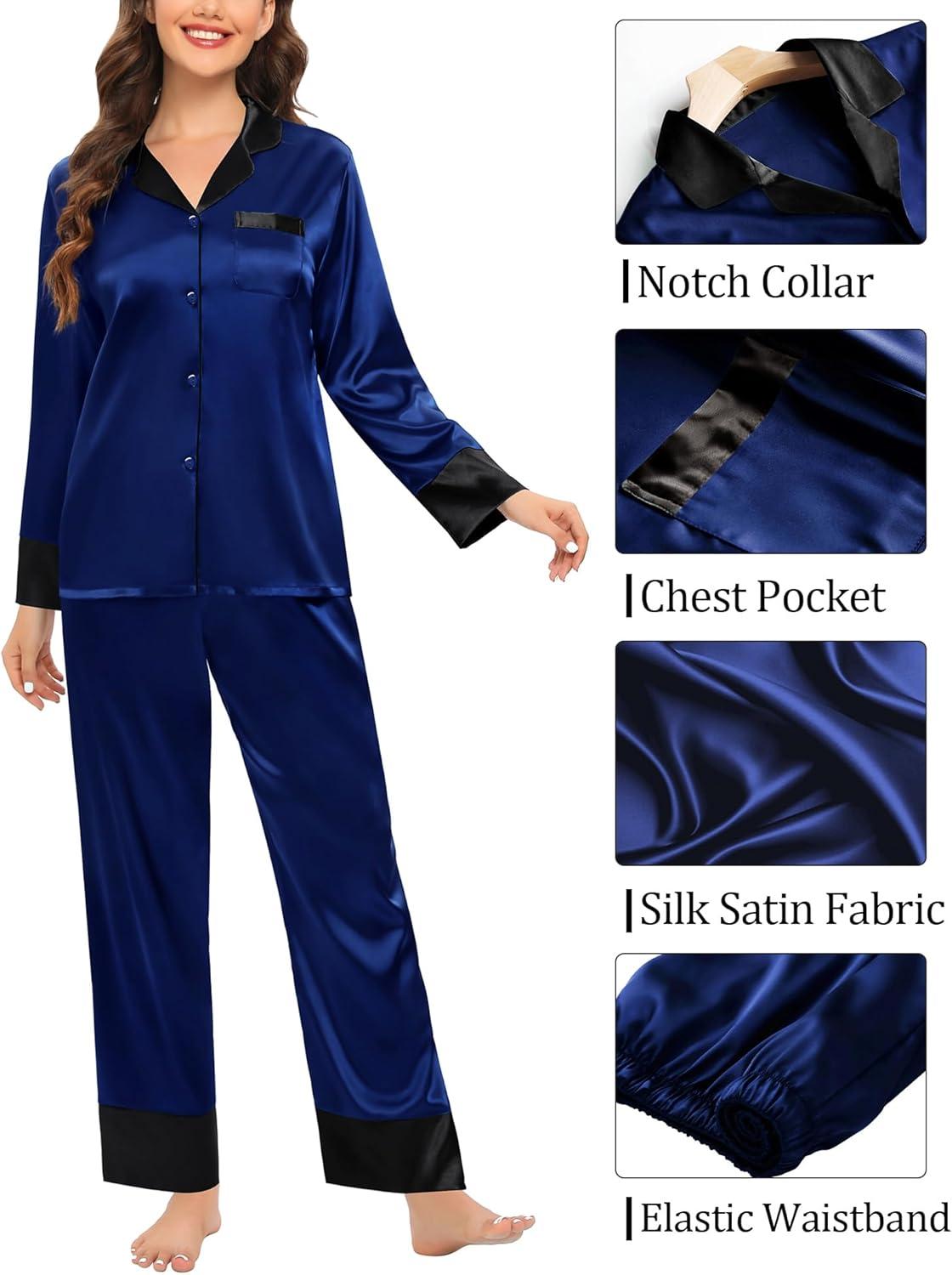 imageSWOMOG Couples Satin Pajama Set Women amp Men Long Sleeve Sleepwear Button Down Loungewear Silky Pj Set with Long PantsNavy Blue
