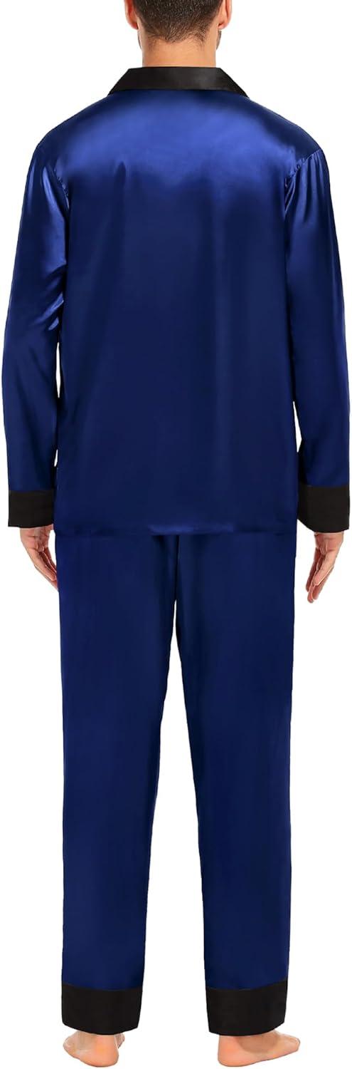 imageSWOMOG Couples Satin Pajama Set Women amp Men Long Sleeve Sleepwear Button Down Loungewear Silky Pj Set with Long PantsNavy Blue