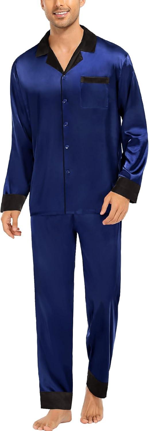 imageSWOMOG Couples Satin Pajama Set Women amp Men Long Sleeve Sleepwear Button Down Loungewear Silky Pj Set with Long PantsNavy Blue