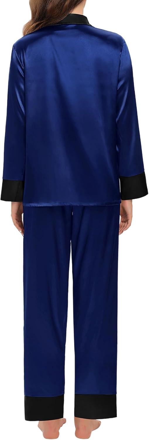 imageSWOMOG Couples Satin Pajama Set Women amp Men Long Sleeve Sleepwear Button Down Loungewear Silky Pj Set with Long PantsNavy Blue