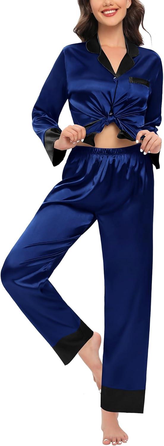 imageSWOMOG Couples Satin Pajama Set Women amp Men Long Sleeve Sleepwear Button Down Loungewear Silky Pj Set with Long PantsNavy Blue