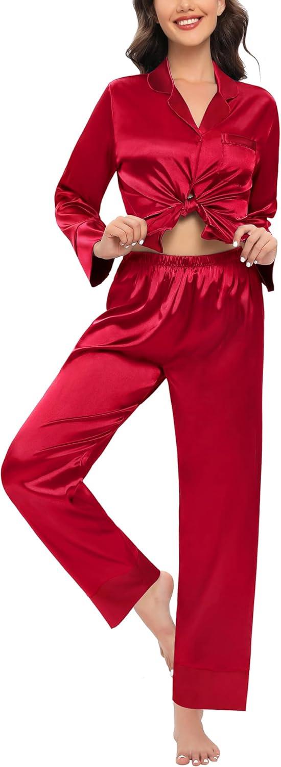 imageSWOMOG Couples Satin Pajama Set Women amp Men Long Sleeve Sleepwear Button Down Loungewear Silky Pj Set with Long PantsPure Red
