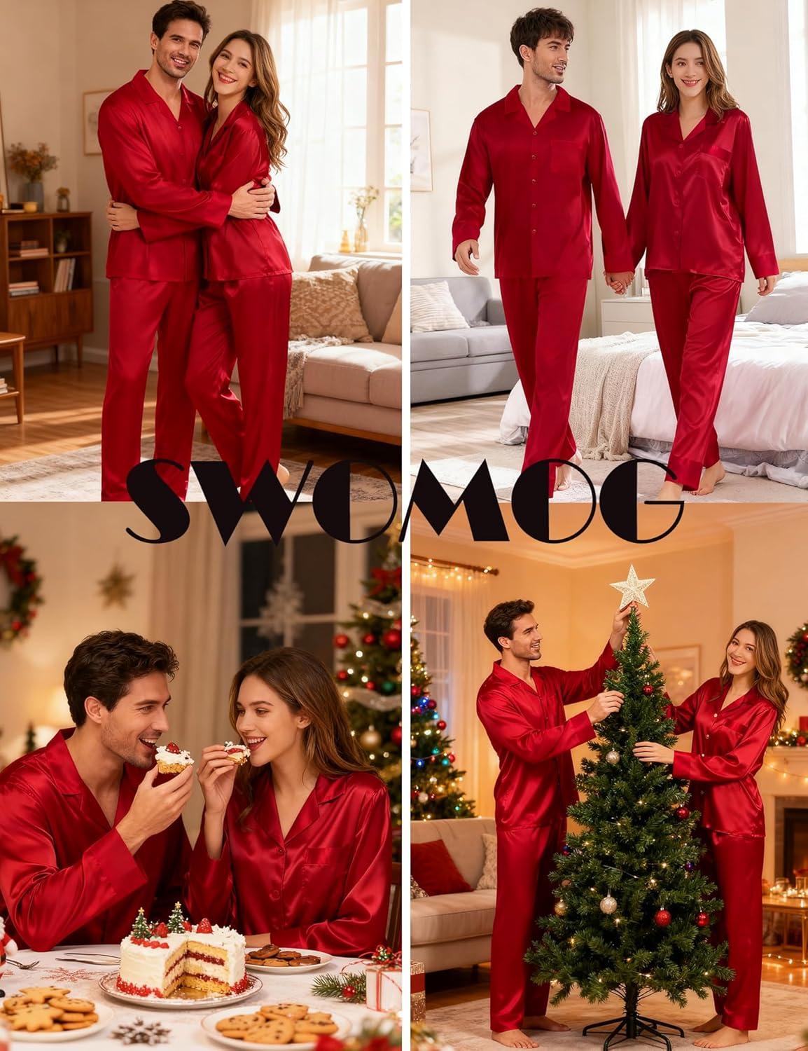 imageSWOMOG Couples Satin Pajama Set Women amp Men Long Sleeve Sleepwear Button Down Loungewear Silky Pj Set with Long PantsPure Red