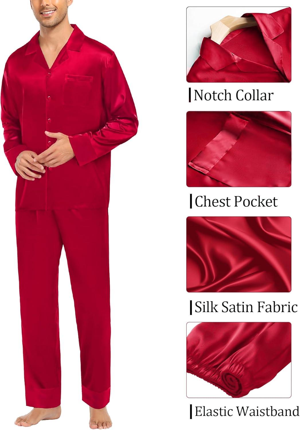 imageSWOMOG Couples Satin Pajama Set Women amp Men Long Sleeve Sleepwear Button Down Loungewear Silky Pj Set with Long PantsPure Red