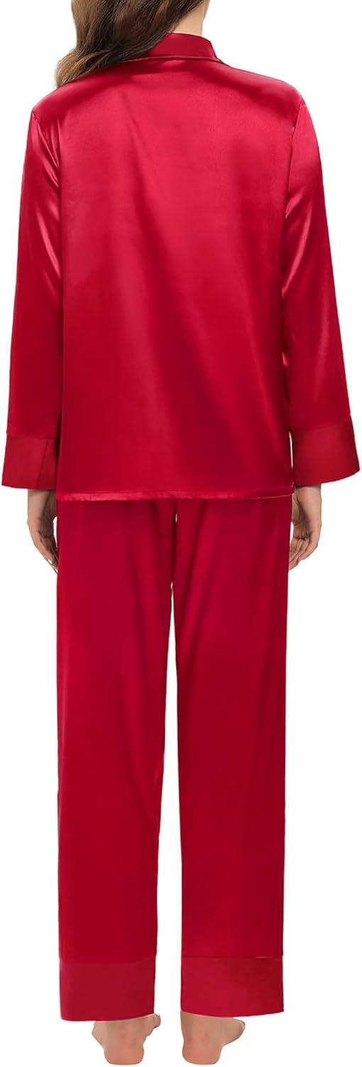 imageSWOMOG Couples Satin Pajama Set Women amp Men Long Sleeve Sleepwear Button Down Loungewear Silky Pj Set with Long PantsPure Red