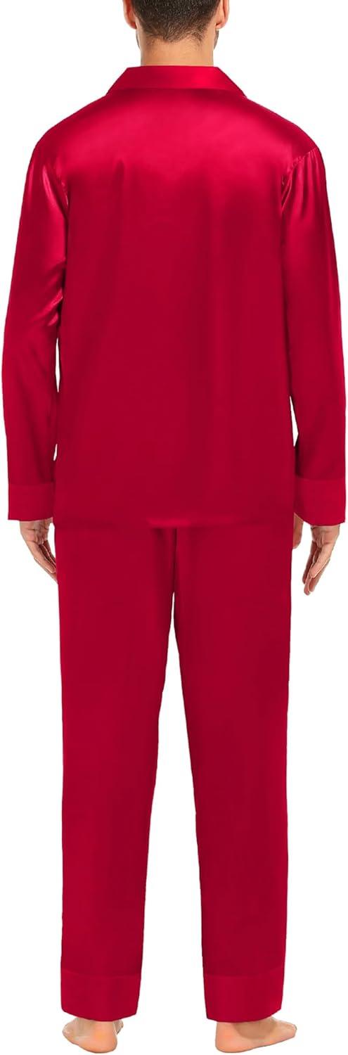 imageSWOMOG Couples Satin Pajama Set Women amp Men Long Sleeve Sleepwear Button Down Loungewear Silky Pj Set with Long PantsPure Red